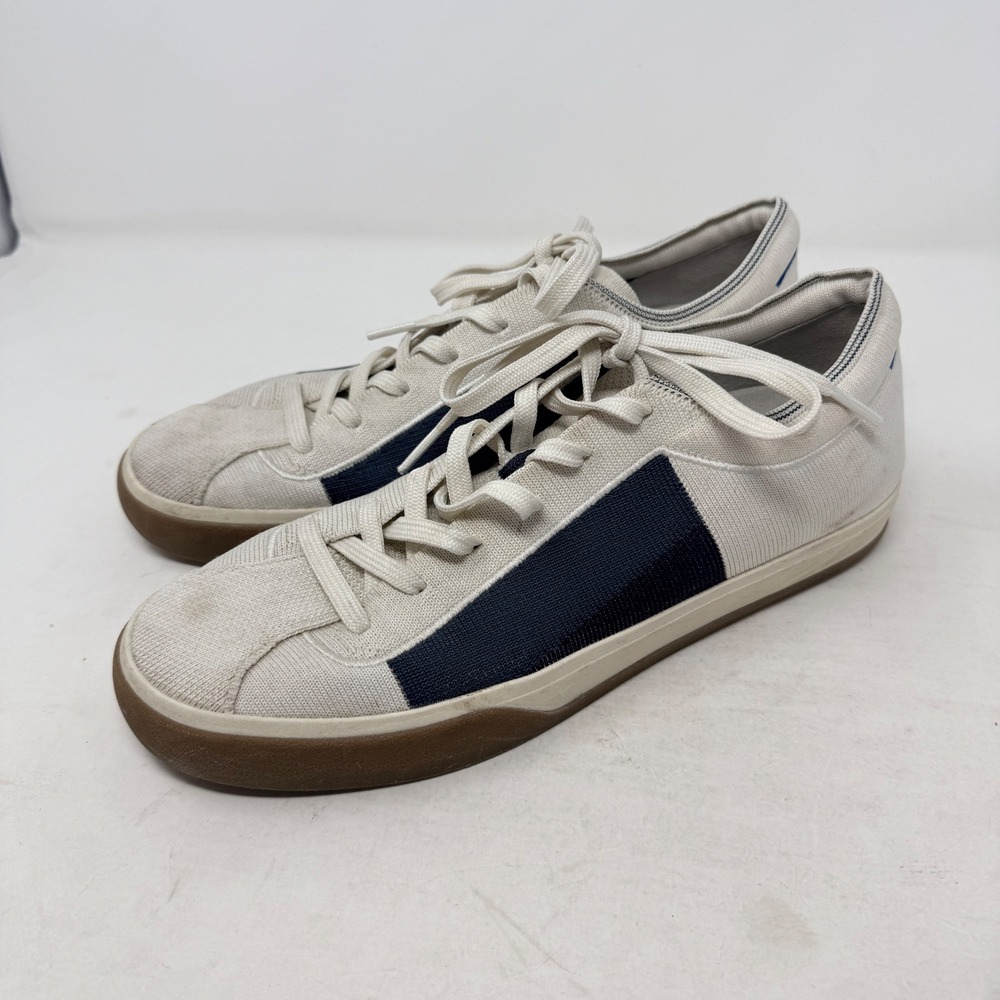 Rothys Lace Up Sneakers Sand Navy Knit Size 10 Gum Sole Sustainable Preppy